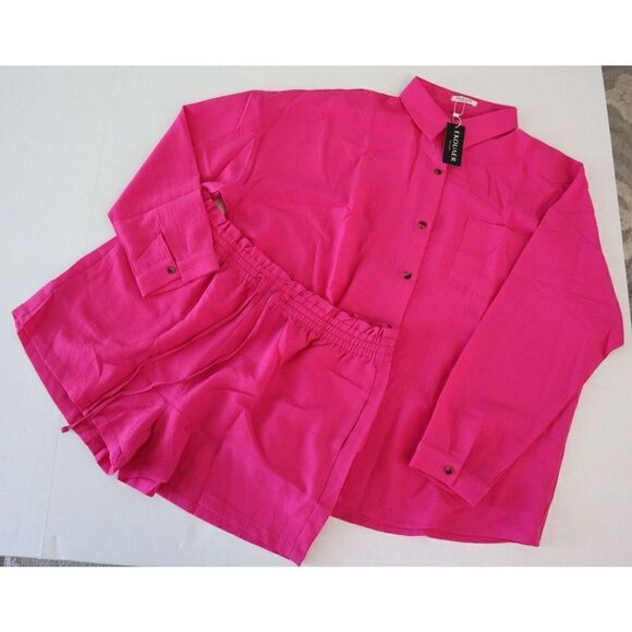 Ekouaer Womens Sz XL Hot Pink  2-Pc L/S Button Down Drawstring Shorts Lounge Set - Picture 1 of 7